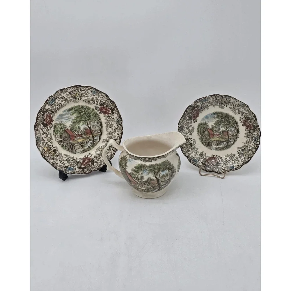 Vintage Johnson Brothers Mill Stream 3 Piece Brown Transferware Ironstone Set
